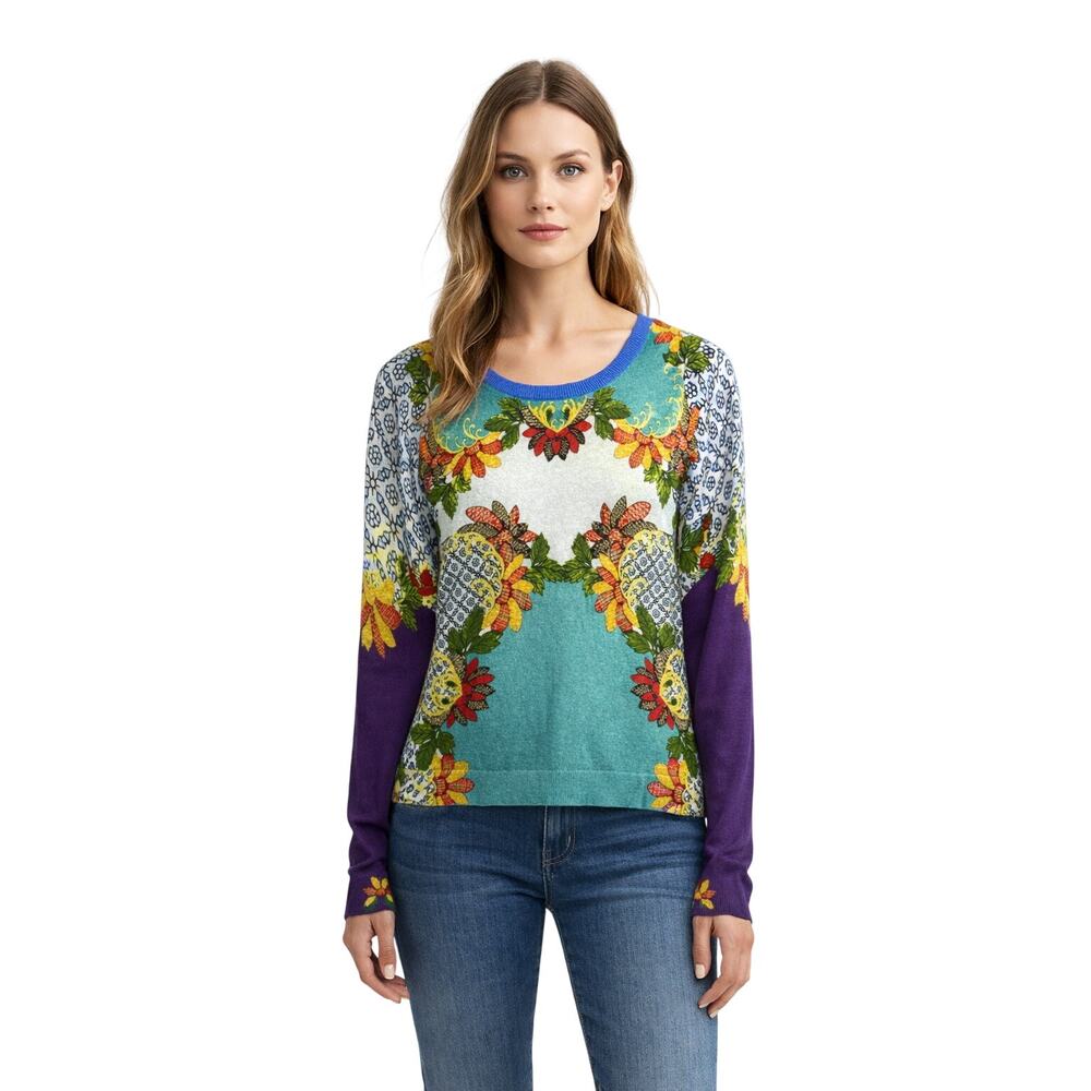 DESIGUAL Women's Floral Patchwork Long Sleeve Knit Top/Sweater Blue Size Medium